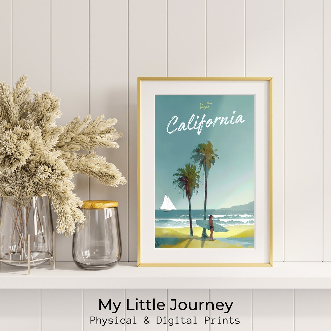 Visit California Vintage Surf Beach Palms Sailboat Travel Poster - Image 2