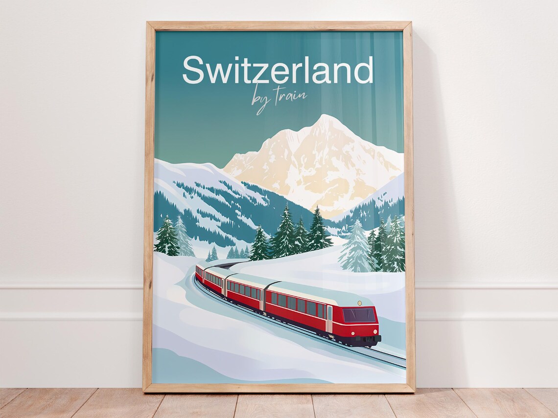 Vintage Switzerland Train Poster, Swiss Alps Travel Poster
