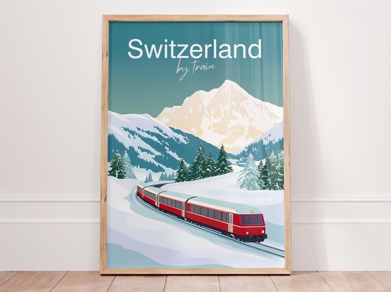 Vintage Switzerland Train Poster, Swiss Alps Travel Poster