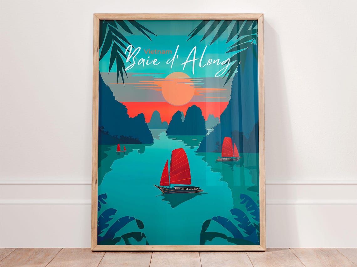 Ha Long Bay Vietnam Sunset Junk Boats Limestone Karst Poster