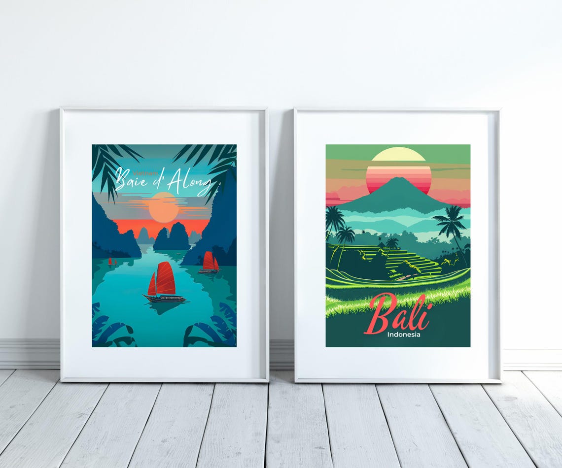 Bali Indonesia Volcano Rice Terraces Palm Sunset Travel Poster - Image 3