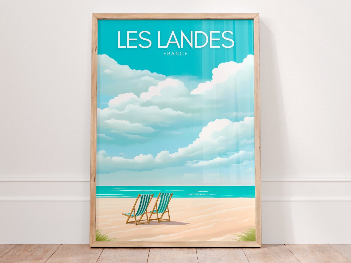 Les Landes France Beach Poster with Deck Chairs on Golden Sandy Shores