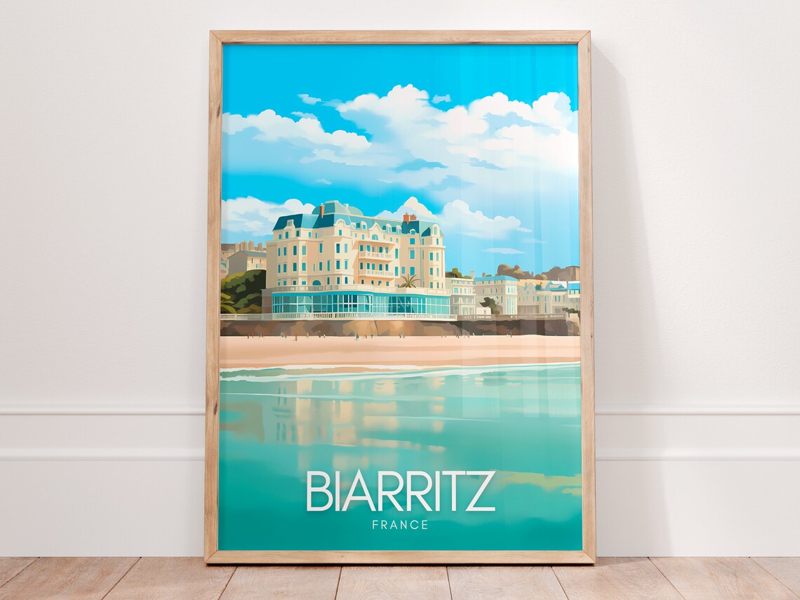Biarritz France Grand Hotel on the Beach Coastal Travel Poster Art