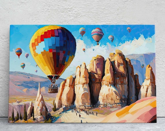 Cappadocia Turkey Hot Air Balloons Art Large Print Painting Landscape Rock Spire Cliff Art Bright Vivid Colorful