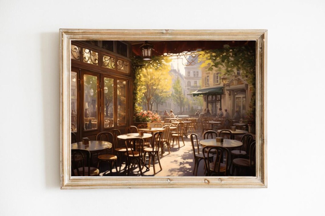 Vintage French Cafe Terrace Sunlit Oil Painting Style Art Poster