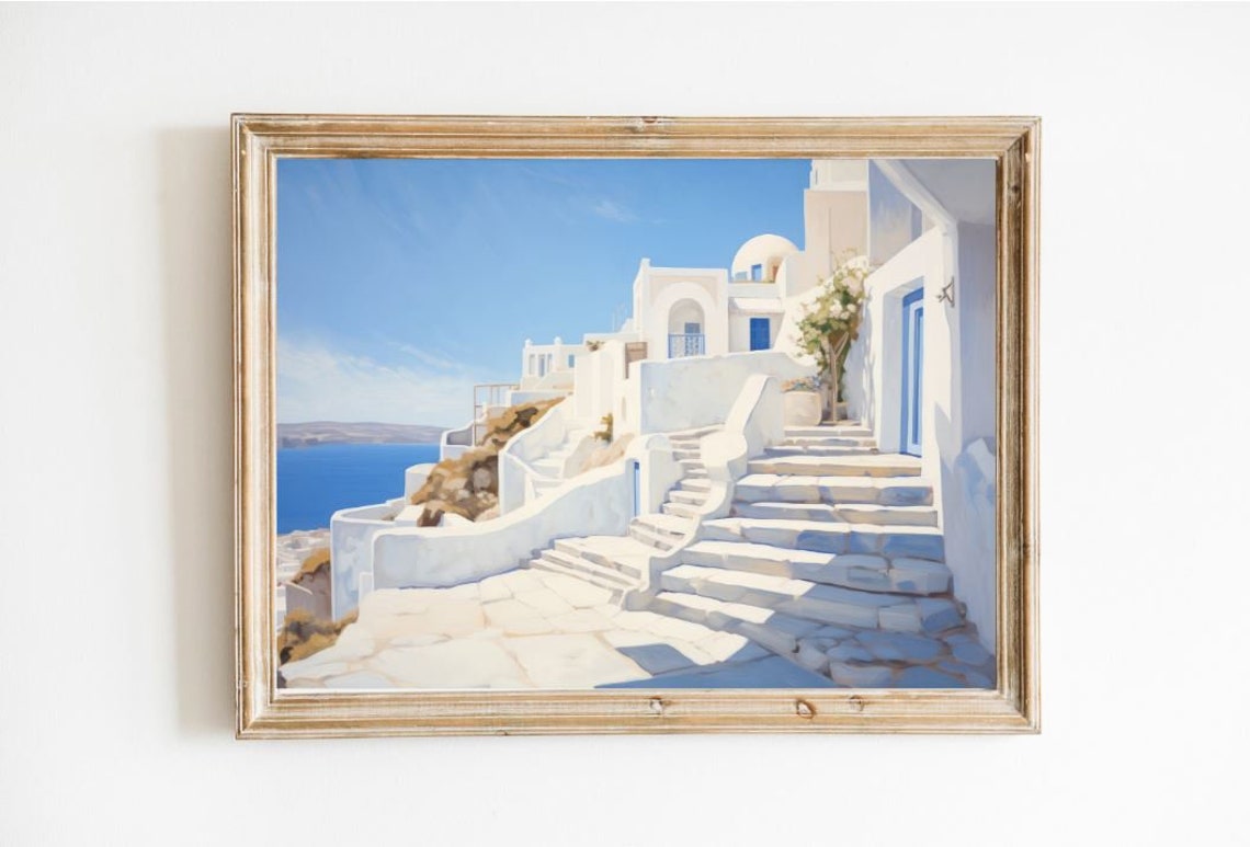 Santorini Greece Whitewashed Steps Coastal Painting Wall Poster