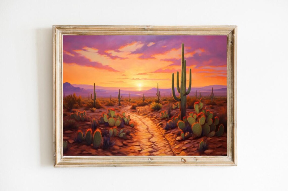 Desert Sunset Trail Saguaro Cactus Purple Sky Oil Painting Poster