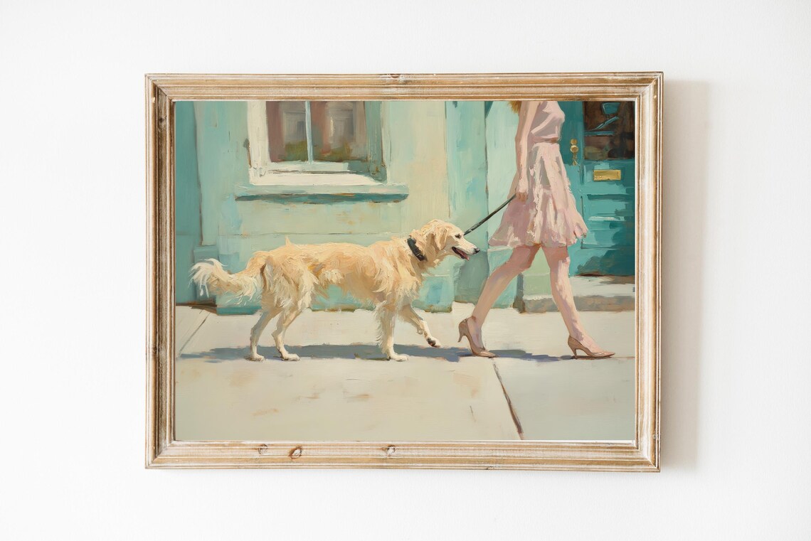 Golden Retriever City Walk with a Woman in Pink Pastel Painting Poster