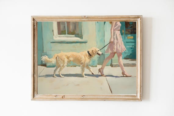 Golden Retriever City Walk Art Print Wall Girly Pink Cute Quirky Whimsical Mom Gift