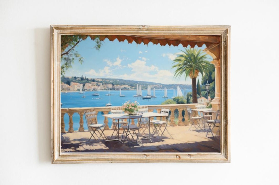 Sunlit Coastal Terrace Overlooking Sailboat Bay Painting Poster