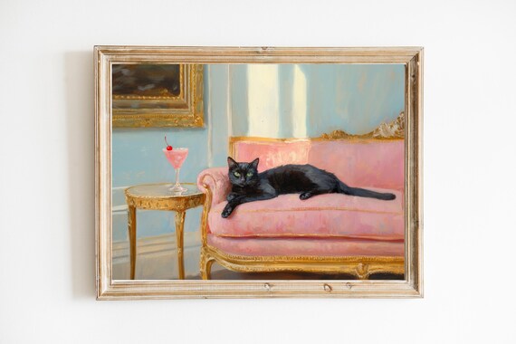 Black Cat Pink Chaise Cherry Cosmo Elegant Parisian Art Print