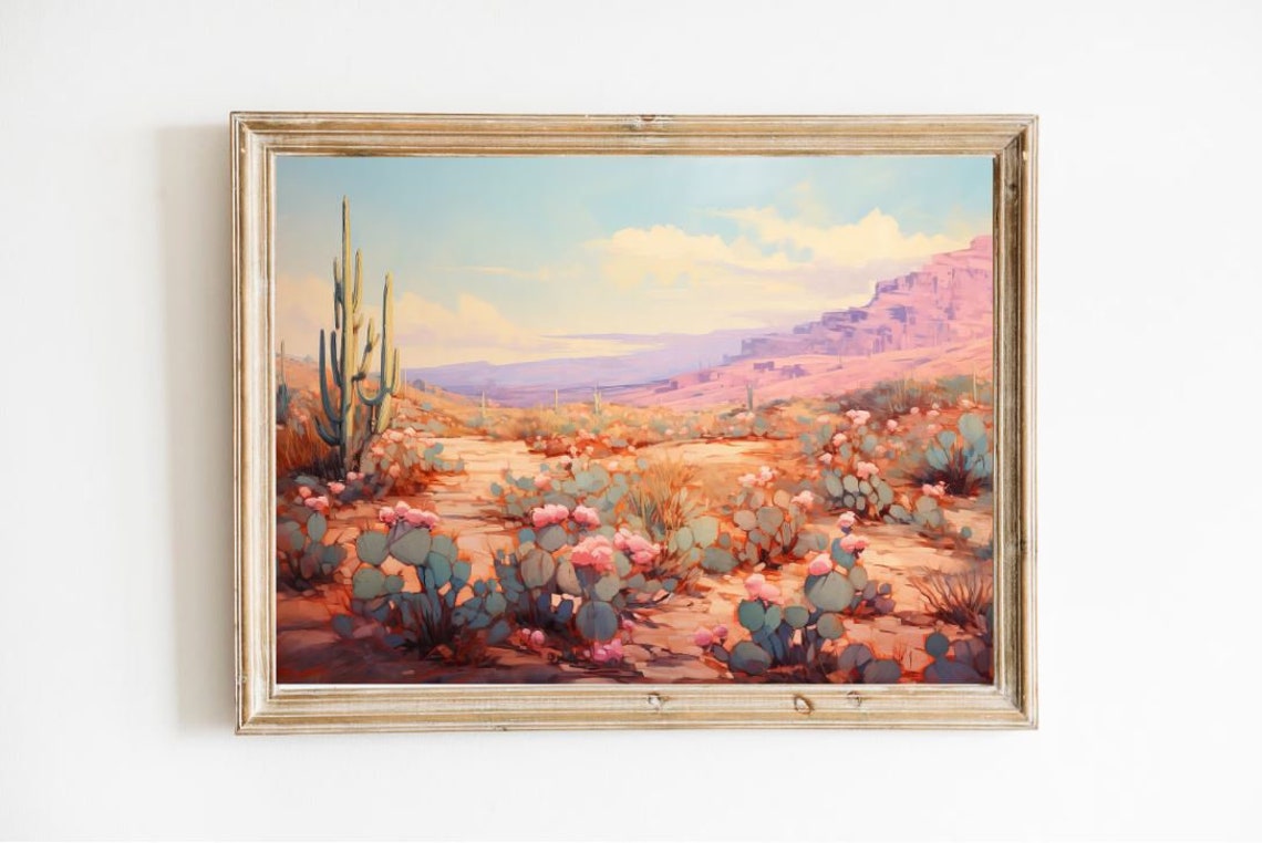Western Desert Cactus Pink Sunset Vintage Oil Painting Poster