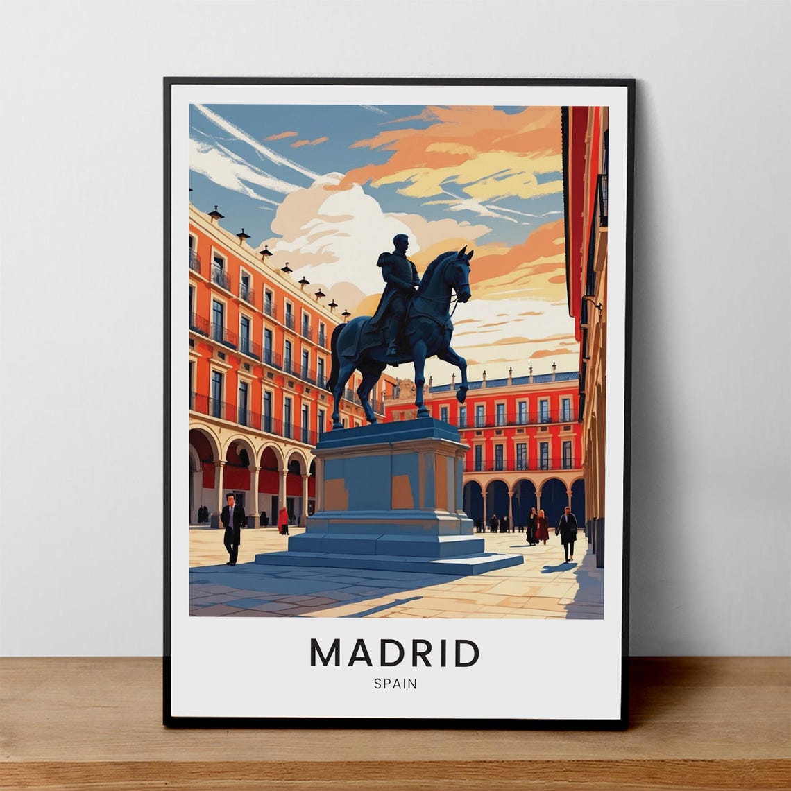 Madrid Spain Plaza Mayor Equestrian Statue Sunset Travel Poster