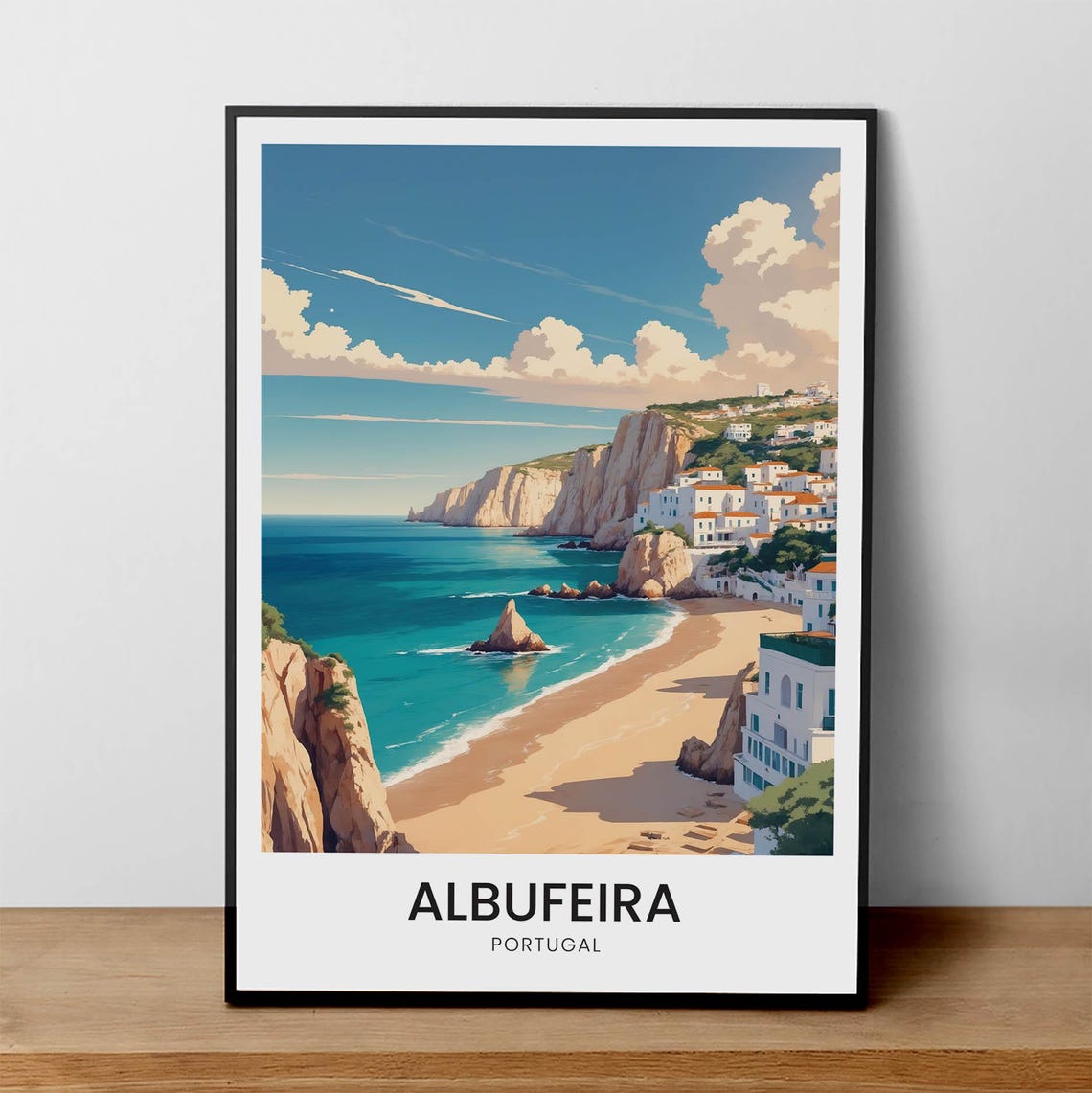Albufeira Portugal Cliffside Beach Town Vintage Travel Poster