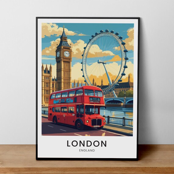 London Red Double Decker Bus Big Ben London Eye City Travel Poster