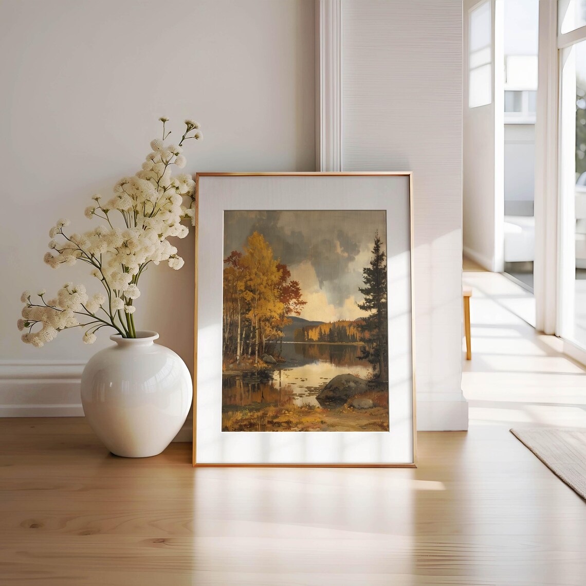 Golden Fall Lake Painting Vintage Autumn Forest Reflection Poster