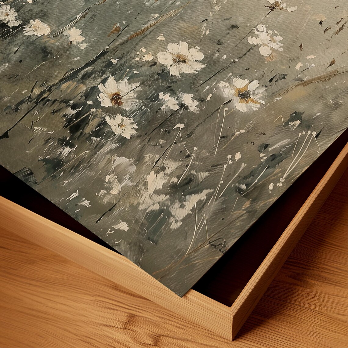White Daisies Misty Field Painting Vintage Floral Art Flowers In The Fog Beige And Gray Floral Botanical Art - Image 2