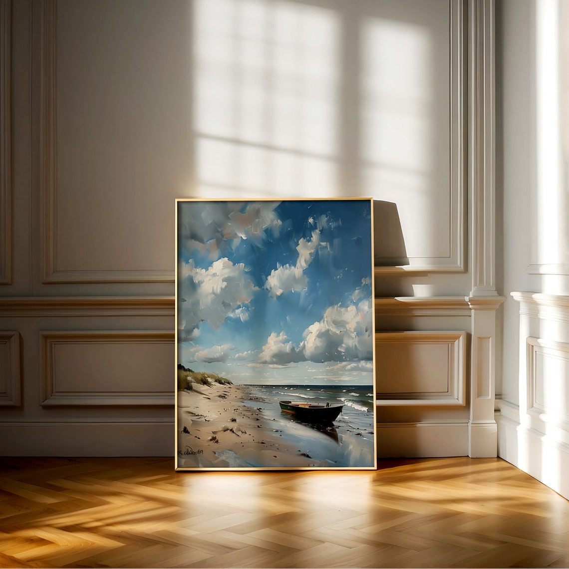 Sandy Beach Rowboat Under Big Clouds Vintage Coastal Painting Poster - Image 3