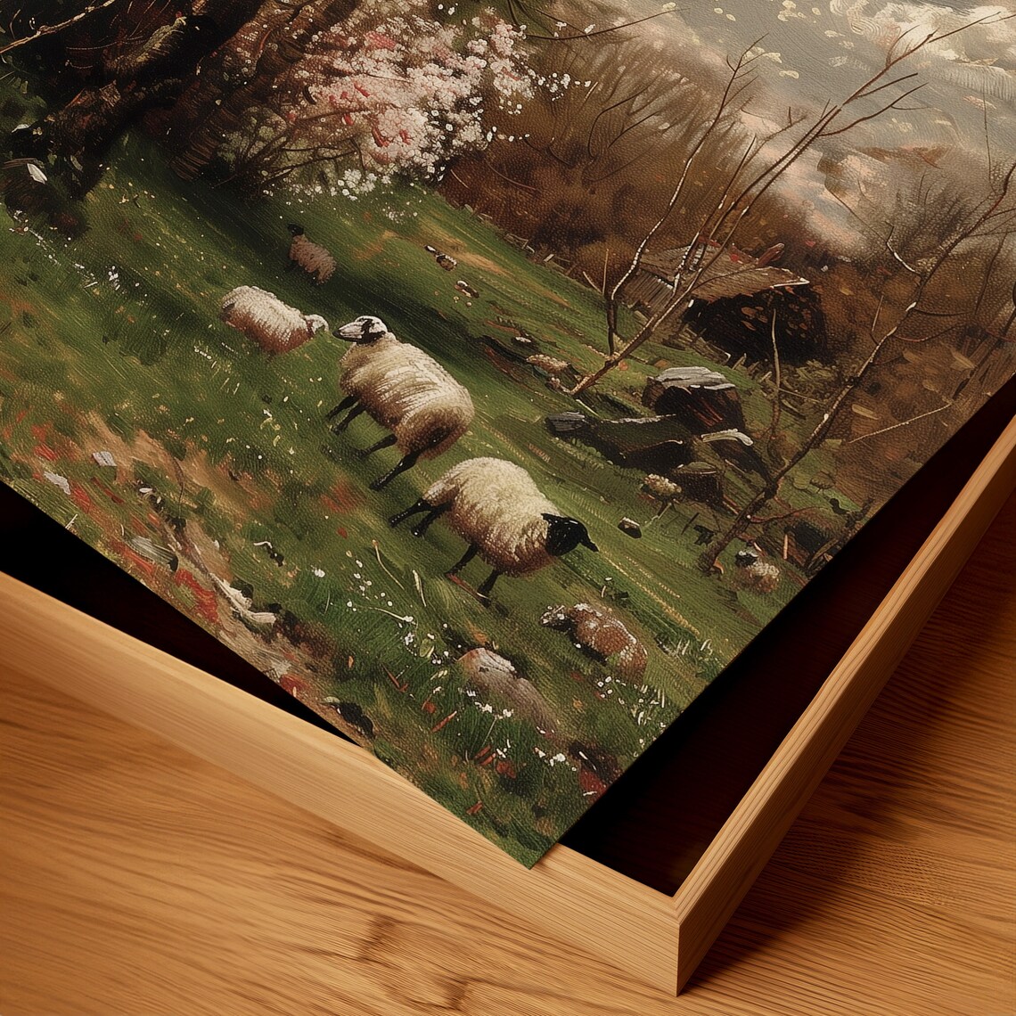 Sheep Grazing Spring Meadow Blossom Trees Pastoral Vintage Painting Poster - Image 2