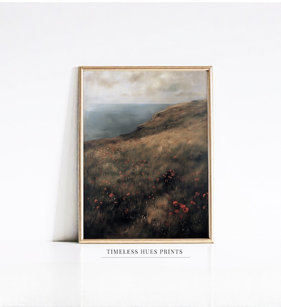 Moody Coastal Meadow Painting Flower Field Landscape Art Coastal Scene Serene Hillside Floral Landscape Poppy Fields Wall Art