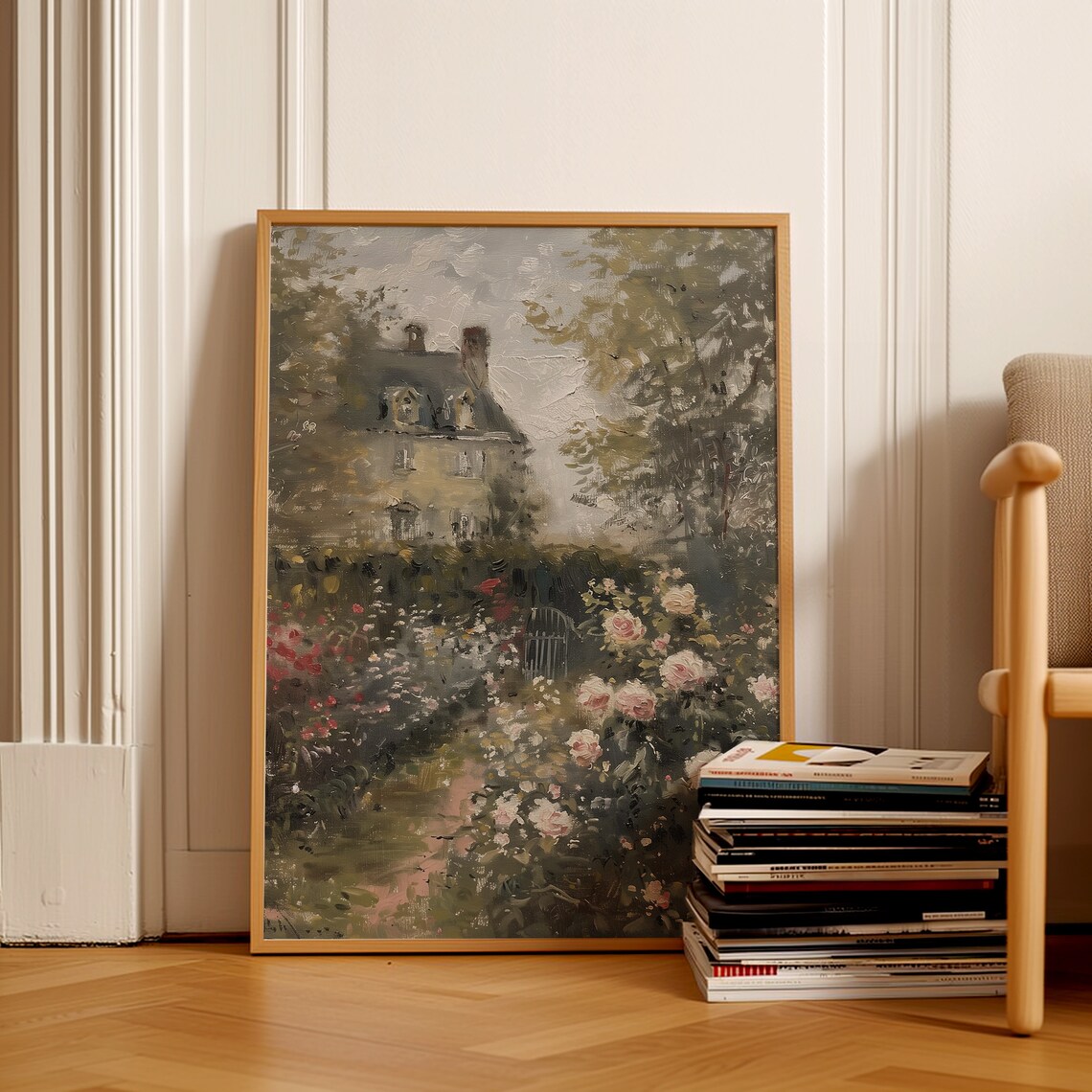 Moody Flower Garden Cottage Painting, Vintage Floral - Image 2