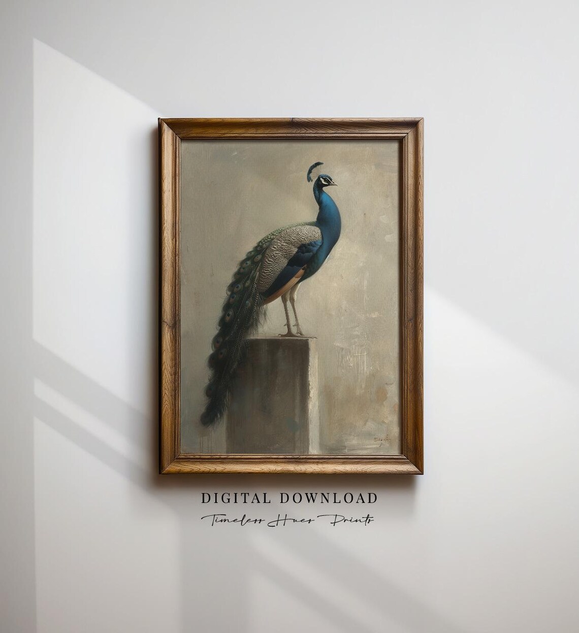 Timeless Peacock Portrait on Stone Pedestal Vintage Wall Art
