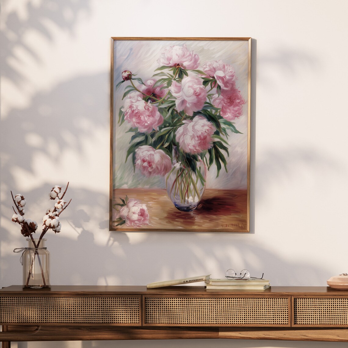 Pink Peonies Glass Vase Bouquet Impressionist Floral Oil Poster - Image 2