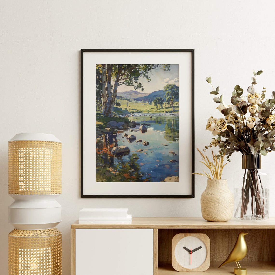 Birch Trees By Rocky River With Autumn Reflections Vintage Art Poster - Image 2