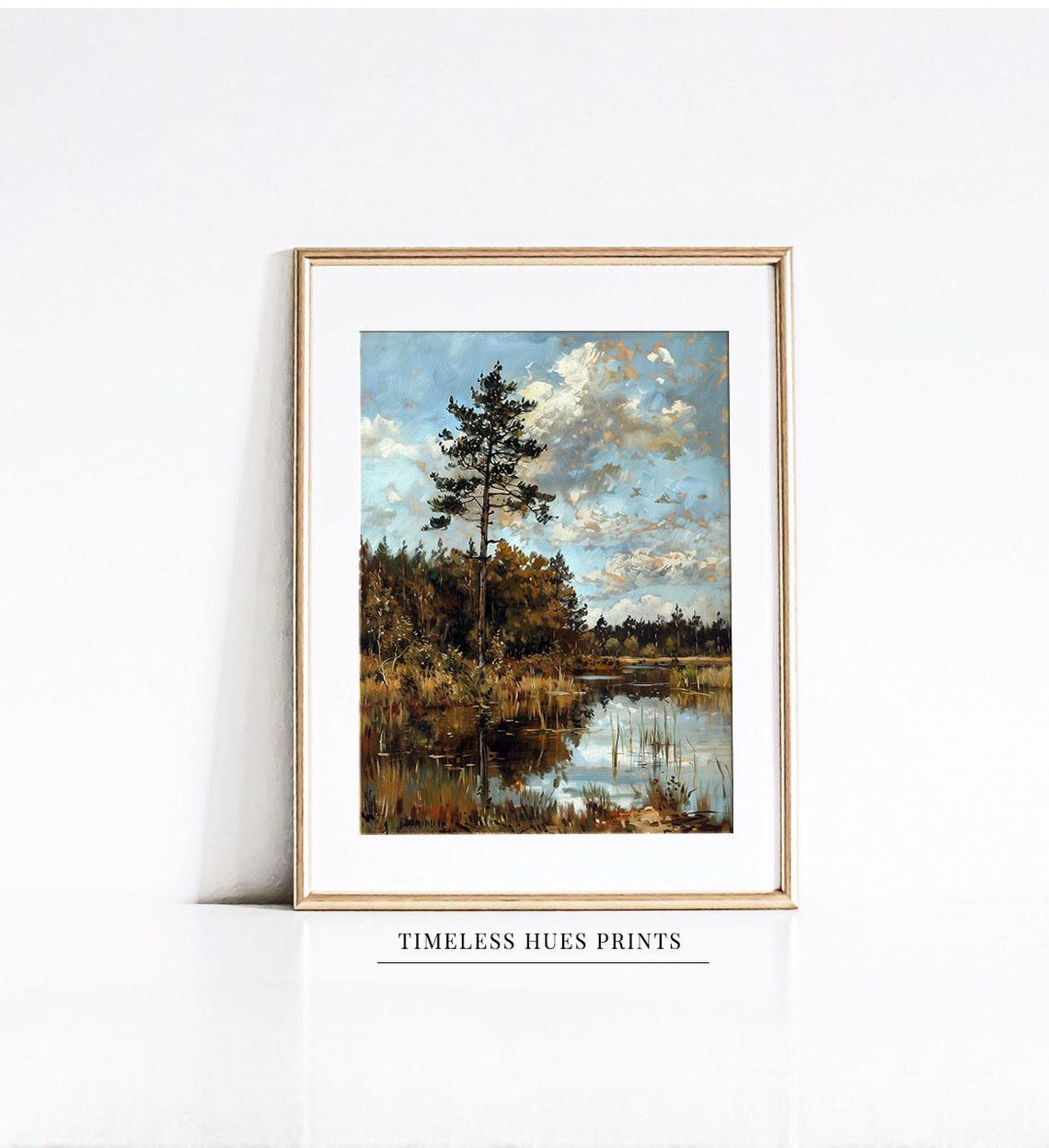 Pine Tree Pond Wall Art Fall Nature Print Rustic Earth Tone Decor Cabin Home Art Impressionist Forest Art