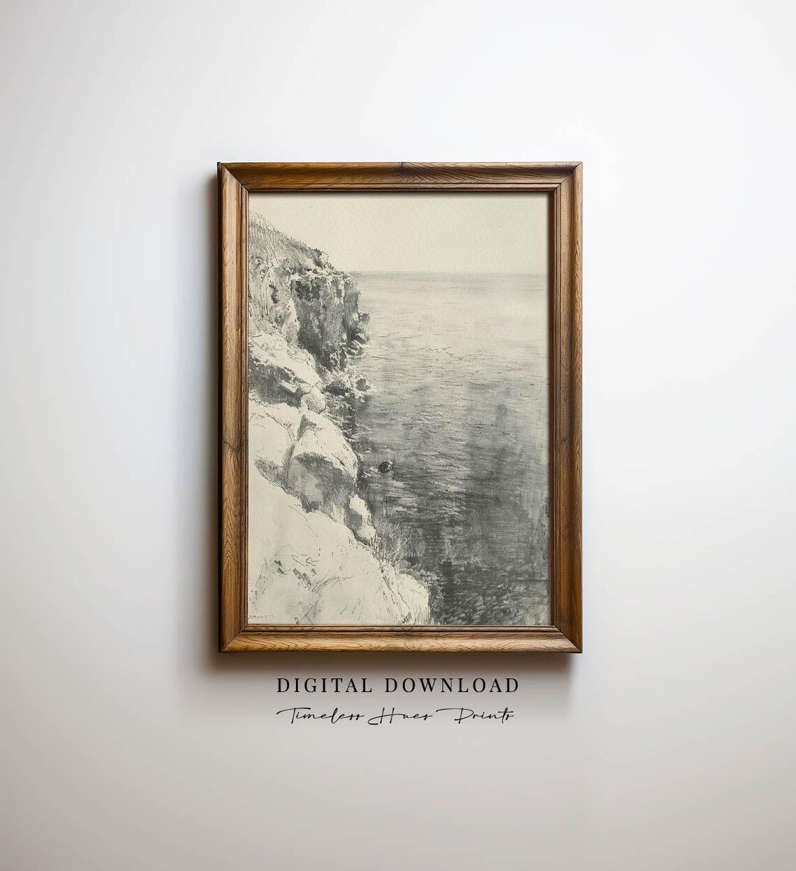 Vintage Coastal Cliff Charcoal Sketch Beach Landscape Art Poster