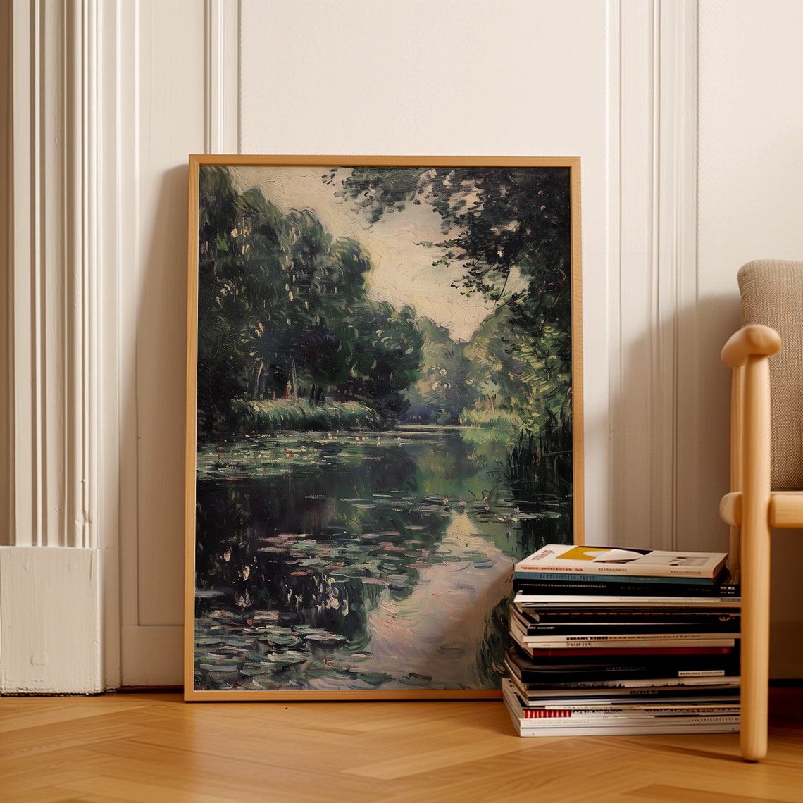 Water Lily Pond at Dusk Dark Trees Reflection Impressionist Poster - Image 2