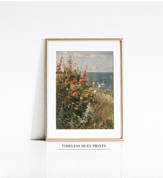 Vintage Hollyhock Flowers Coastal Garden Oil Painting Botanical Art Poster