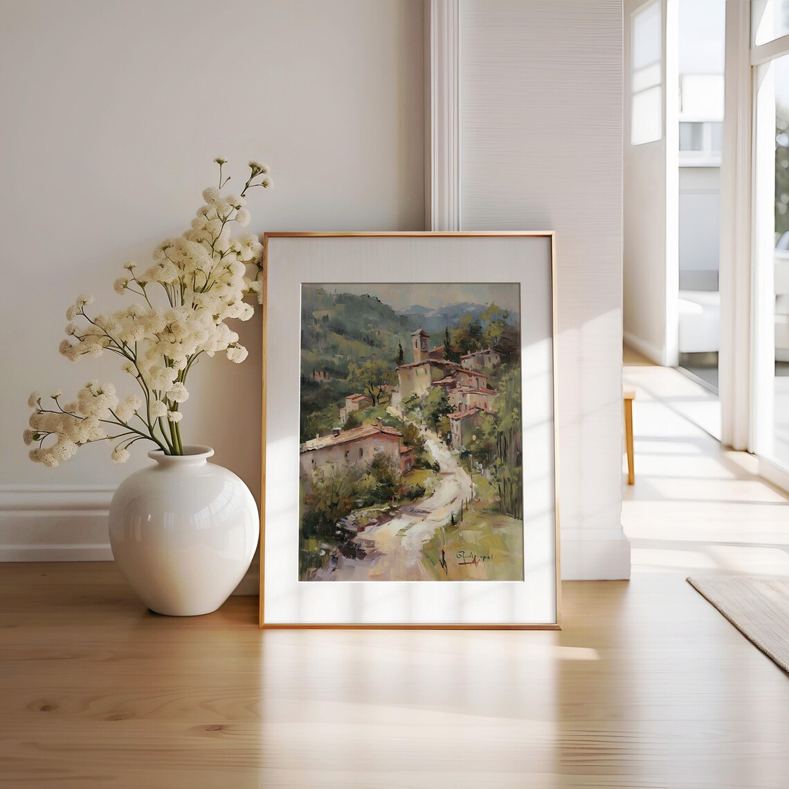 Italian Hillside Village With Stone Houses Vintage Oil Painting Poster - Image 2