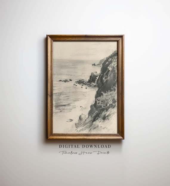 Coastal Cliffs Charcoal Sketch Black White Vintage Pencil Art Print
