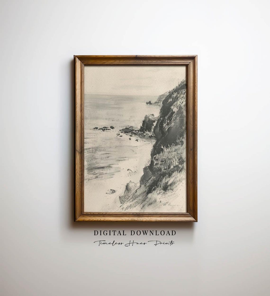 Coastal Cliffs Charcoal Sketch Black White Vintage Pencil Art Print
