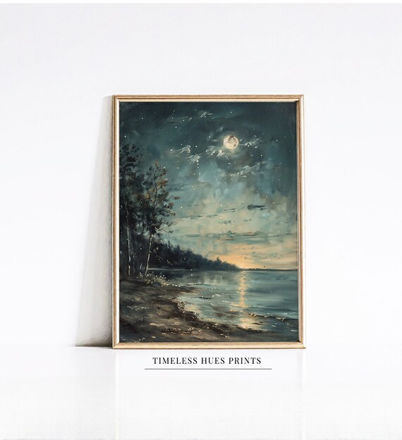 Full Moon Over A Starry Coastal Beach At Night In Deep Teal Poster
