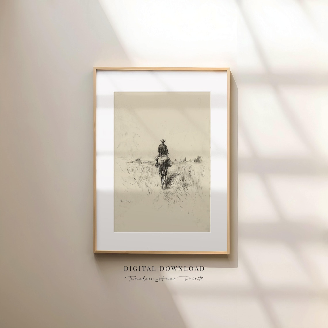 Vintage Cowboy Riding Horse Sketch Western Pencil Drawing Minimalist Art Poster