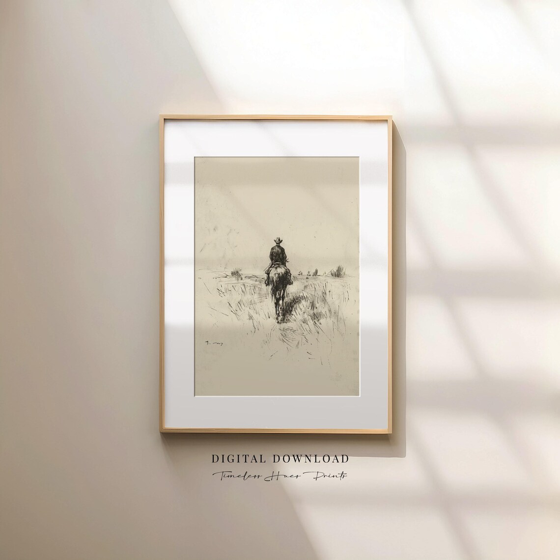 Vintage Cowboy Riding Horseback Pencil Sketch Western Art Poster