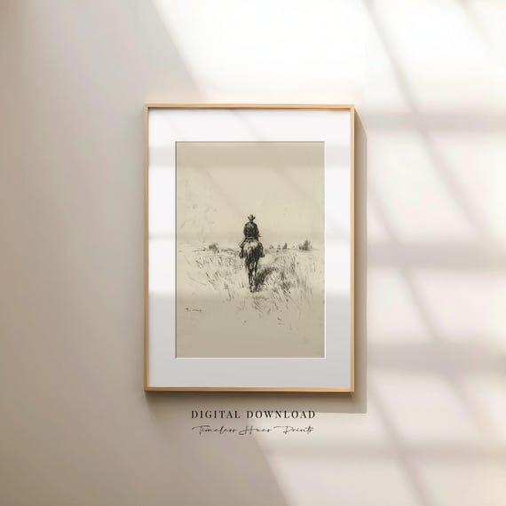 Vintage Cowboy On Horses Sketch Print Western Wall Art Farmhouse Decor Country Rustic