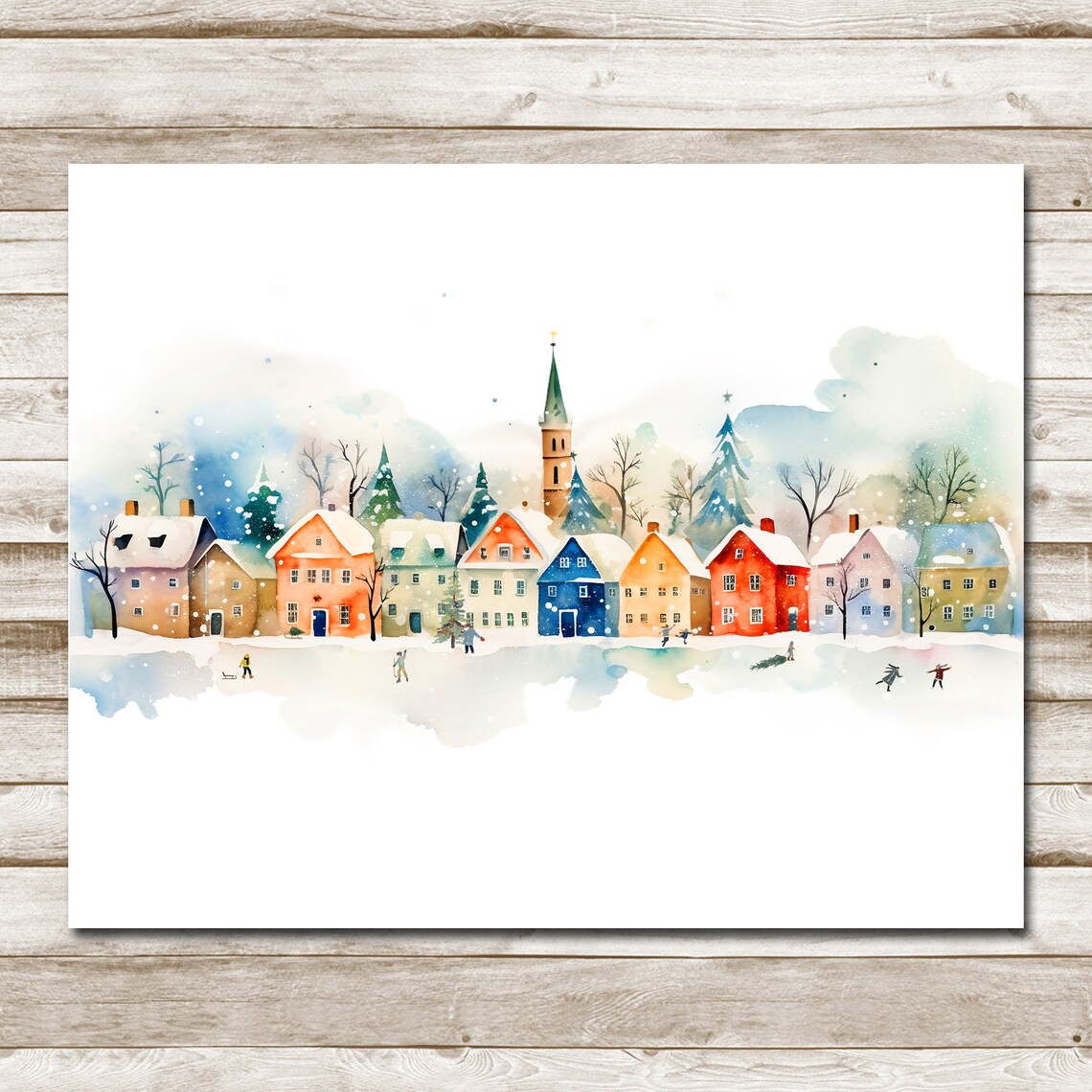Colorful Snowy Village Church Steeple Skaters Winter Watercolor Poster - Image 4