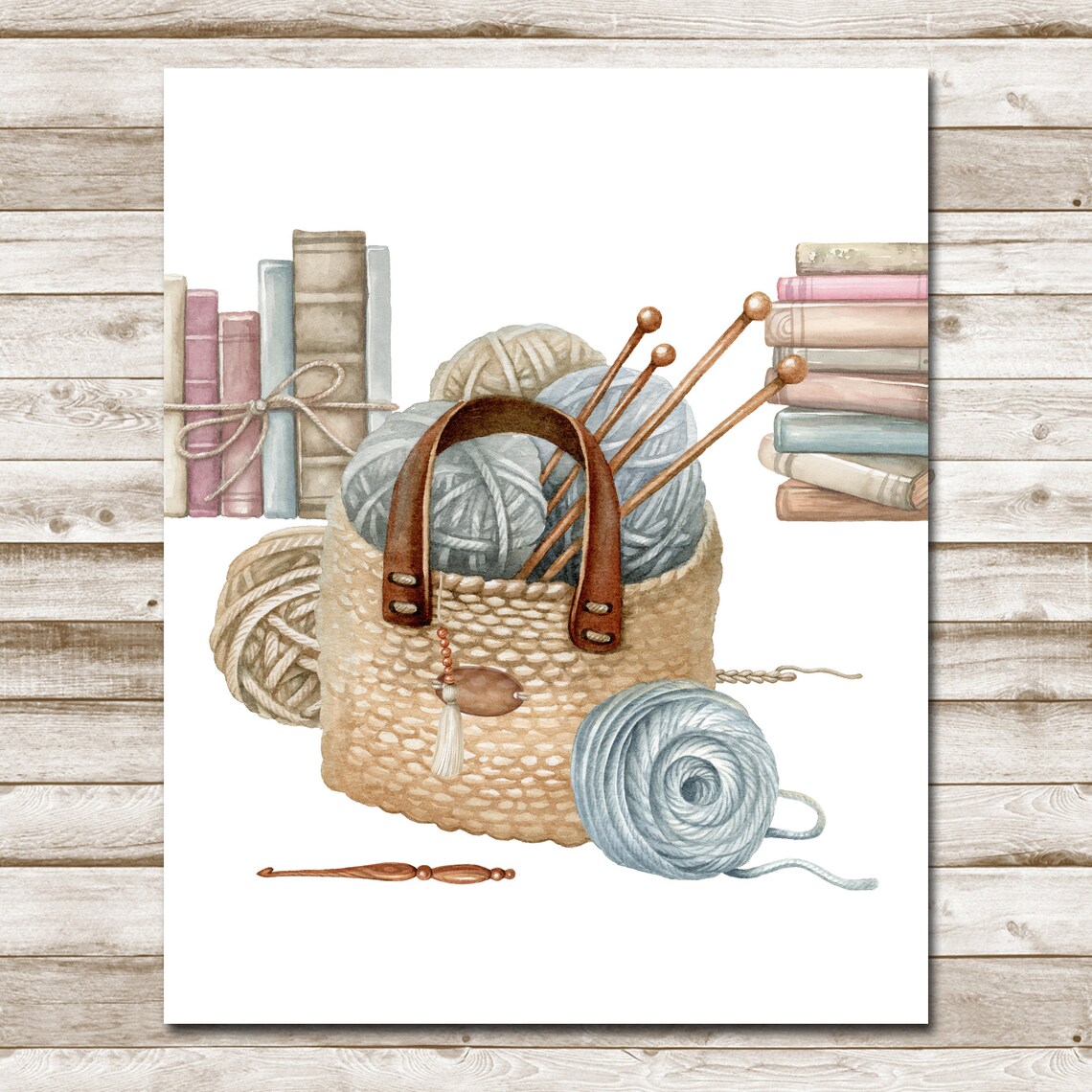 Watercolor Knitting Basket Yarn Needles Cozy Craft Room Wall Art - Image 4