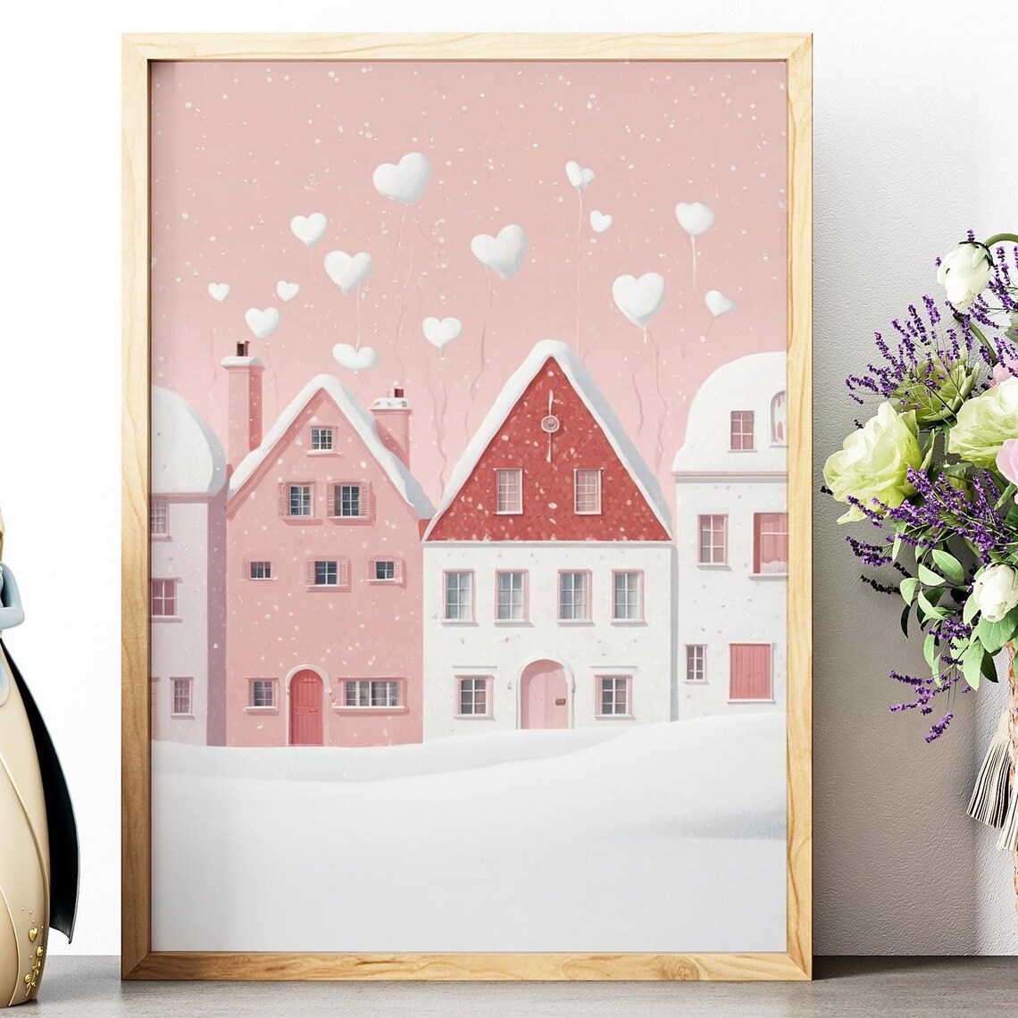 Pink Valentine Village with Heart Balloons Snowy Cute Wall Art Poster