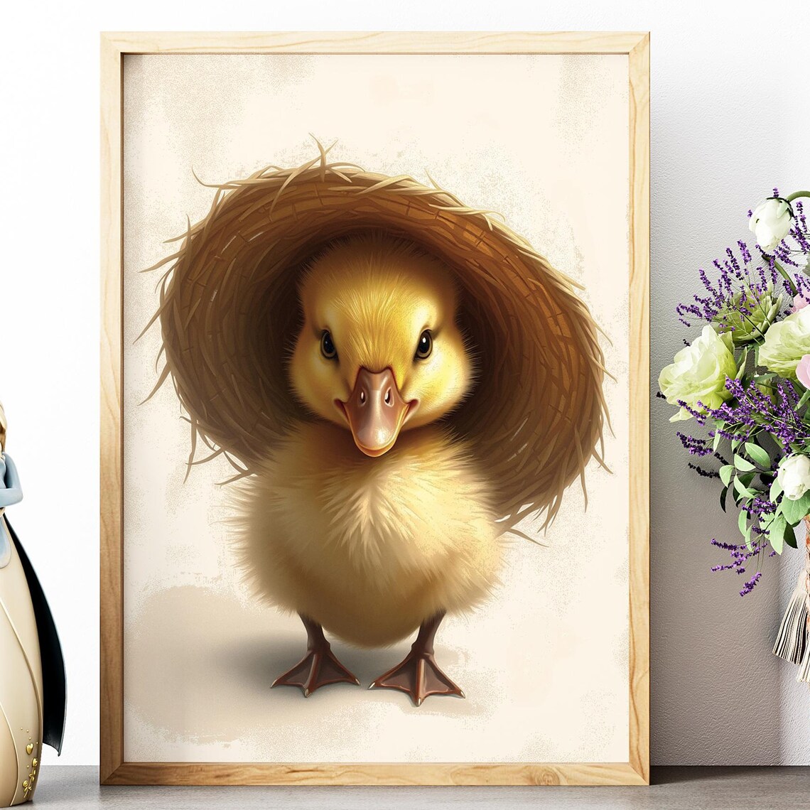 Cute Baby Duck Wearing Straw Hat Nursery Farmhouse Wall Art Print