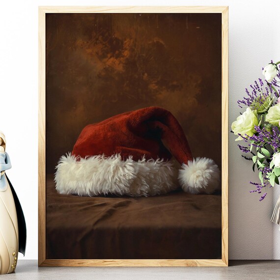Santa Hat Art Trendy Art Prints Moody Holiday Decor Retro Wall Art Festive Wall Art Antique Xmas Decor Rustic Santa Hat Print