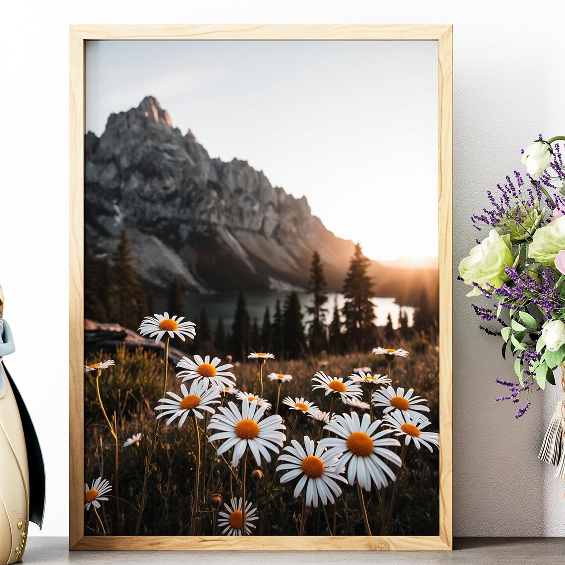 Sunset Daisy Wildflowers Field Alpine Mountain Lake Golden Poster