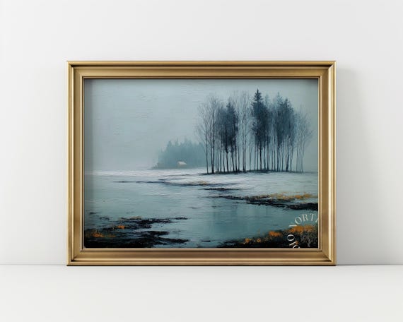 Misty Treeline Over Water Abstract Landscape Art Moody Winter Scene Tonal Serenity Rustic Wall Decor 221