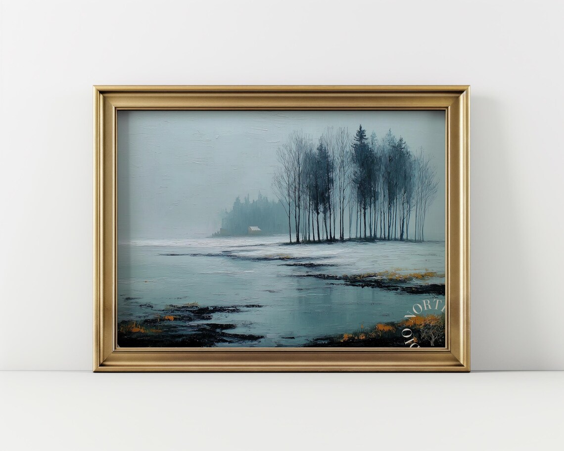Misty Treeline Over Water Winter Landscape Oil Painting Poster