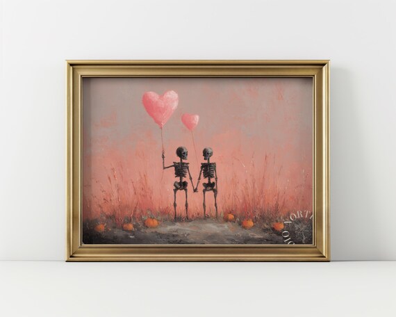 Whimsical Skeleton Couple With Pink Balloons Pastel Wall Art Cute Romantic Scene Halloween Love Decor 150