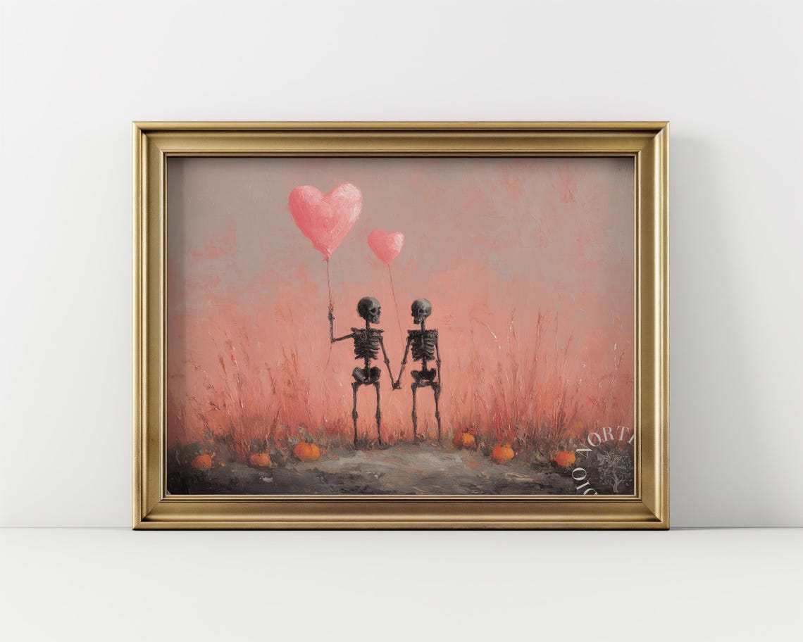 Skeleton Couple Holding Pink Heart Balloons Halloween Love Art Print