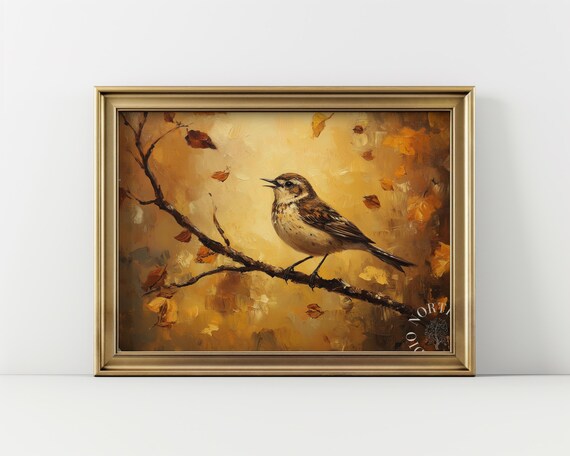 Autumn Lark On Branch Painting Moody Fall Wall Art Rustic Nature Decor Vintage Bird Scene Oil Style 168